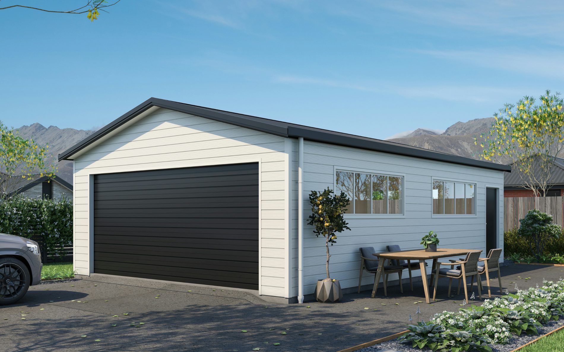 Pictured with Superclad™ cladding in COLORSTEEL® Titania and Ebony roof, doors and trims. Image is illustrative only.