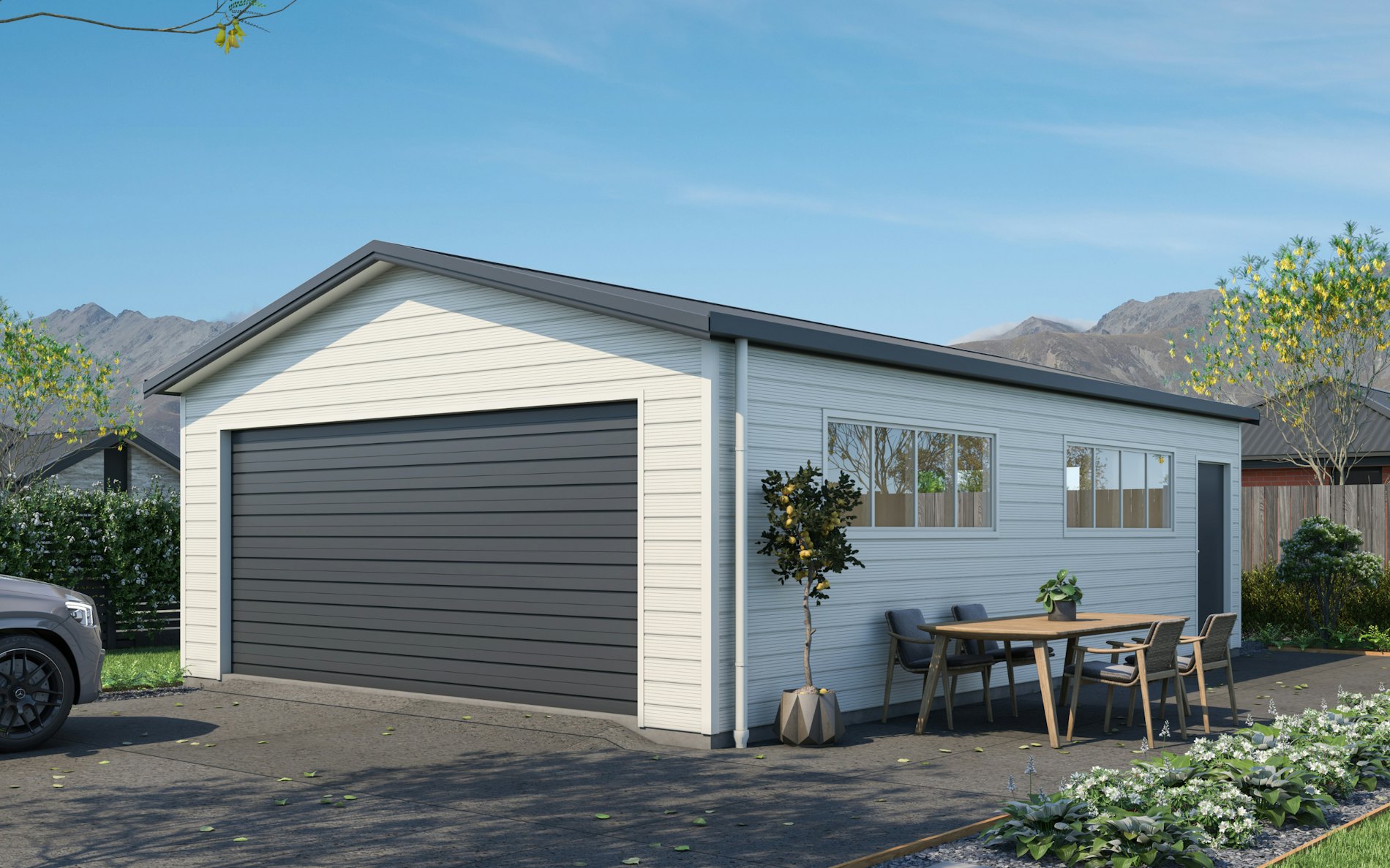 Pictured with Superclad™ cladding in COLORSTEEL® Titania and Grey Friars roof, doors and trims. Image is illustrative only.