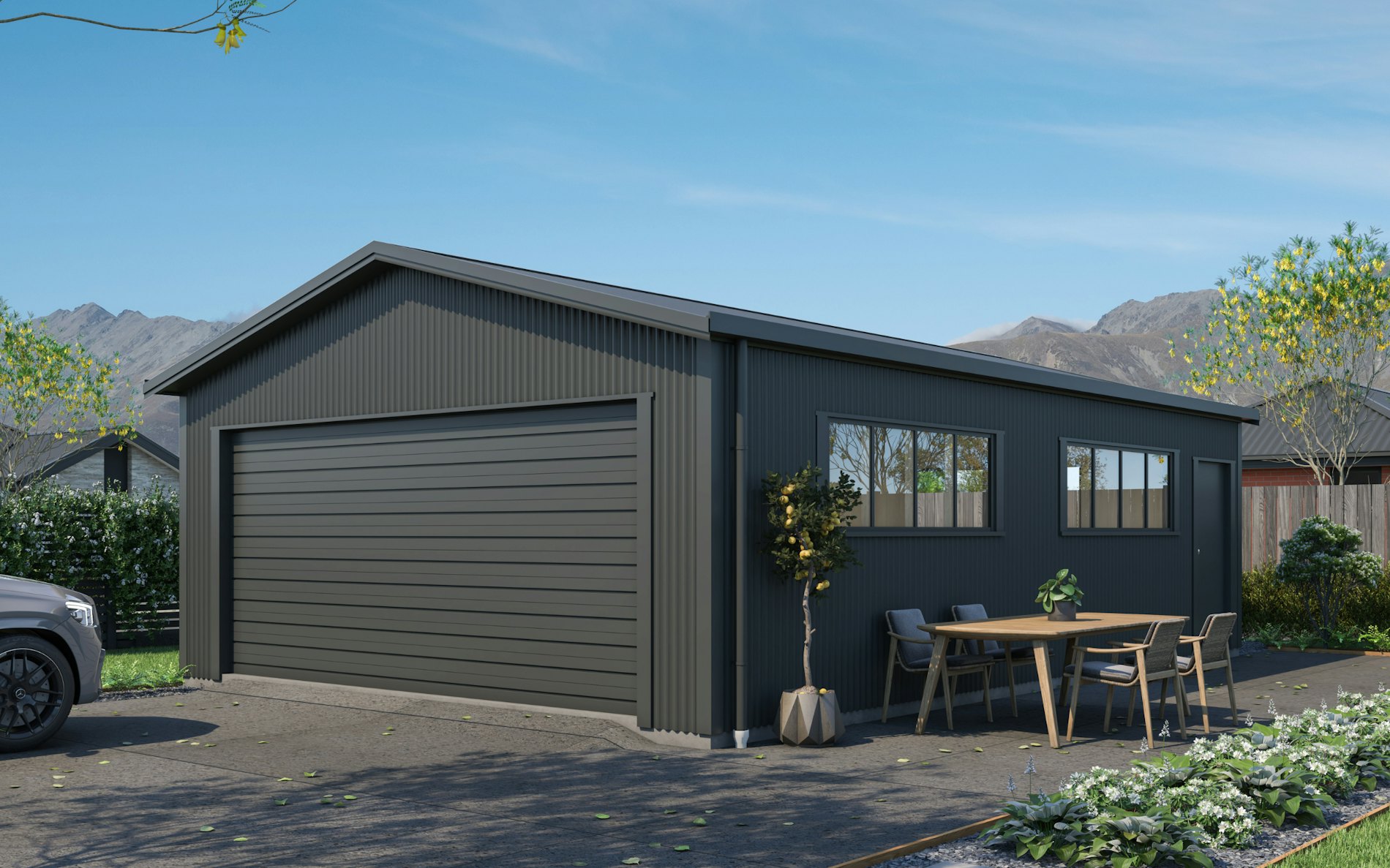 Pictured with Vertical Corrugate cladding in COLORSTEEL® FlaxPod®. Image is illustrative only.