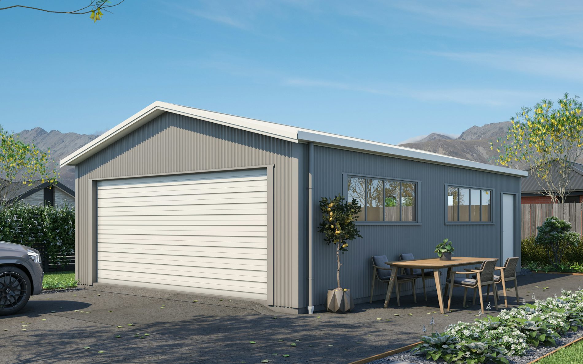 Pictured with Vertical Corrugate cladding in COLORSTEEL® Sandstone Grey and Titania roof, doors and trims. Image is illustrative only.