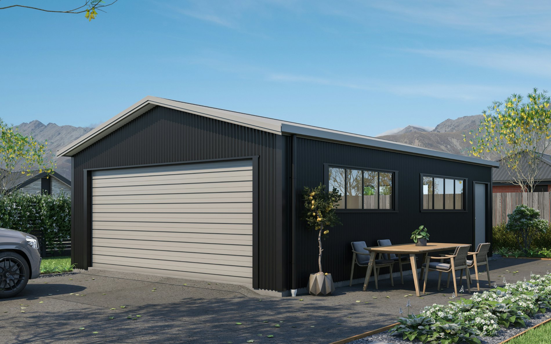 Pictured with Vertical Corrugate cladding in COLORSTEEL® Ebony and Sandstone Grey roof, doors and trims. Image is illustrative only.