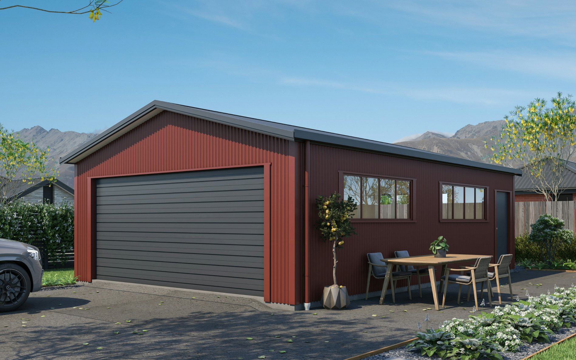 Pictured with Vertical Corrugate cladding in COLORSTEEL® Scoria and Grey Friars roof, doors and trims. Image is illustrative only.