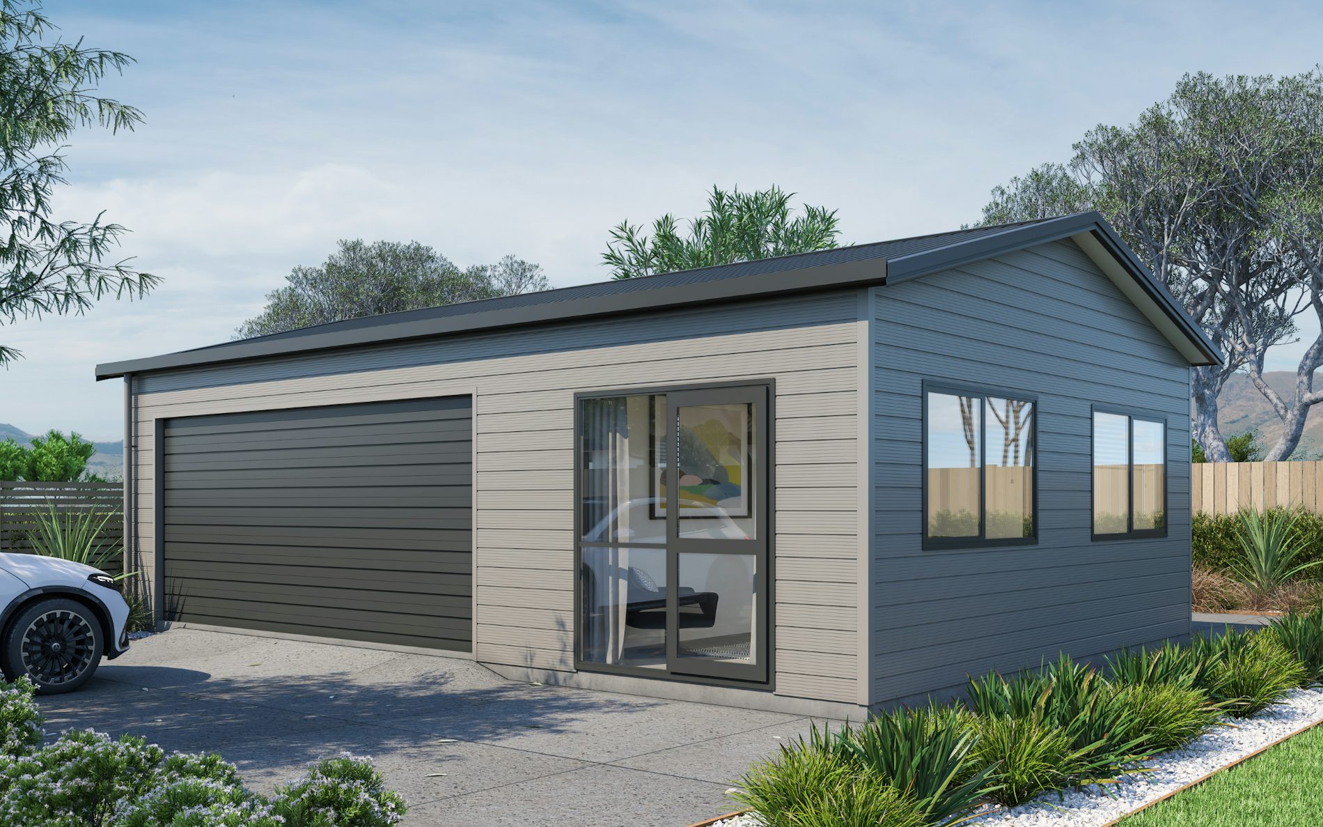 Pictured with Superclad™ cladding in COLORSTEEL® Sandstone Grey and FlaxPod® roof, doors and trims. Image is illustrative only.