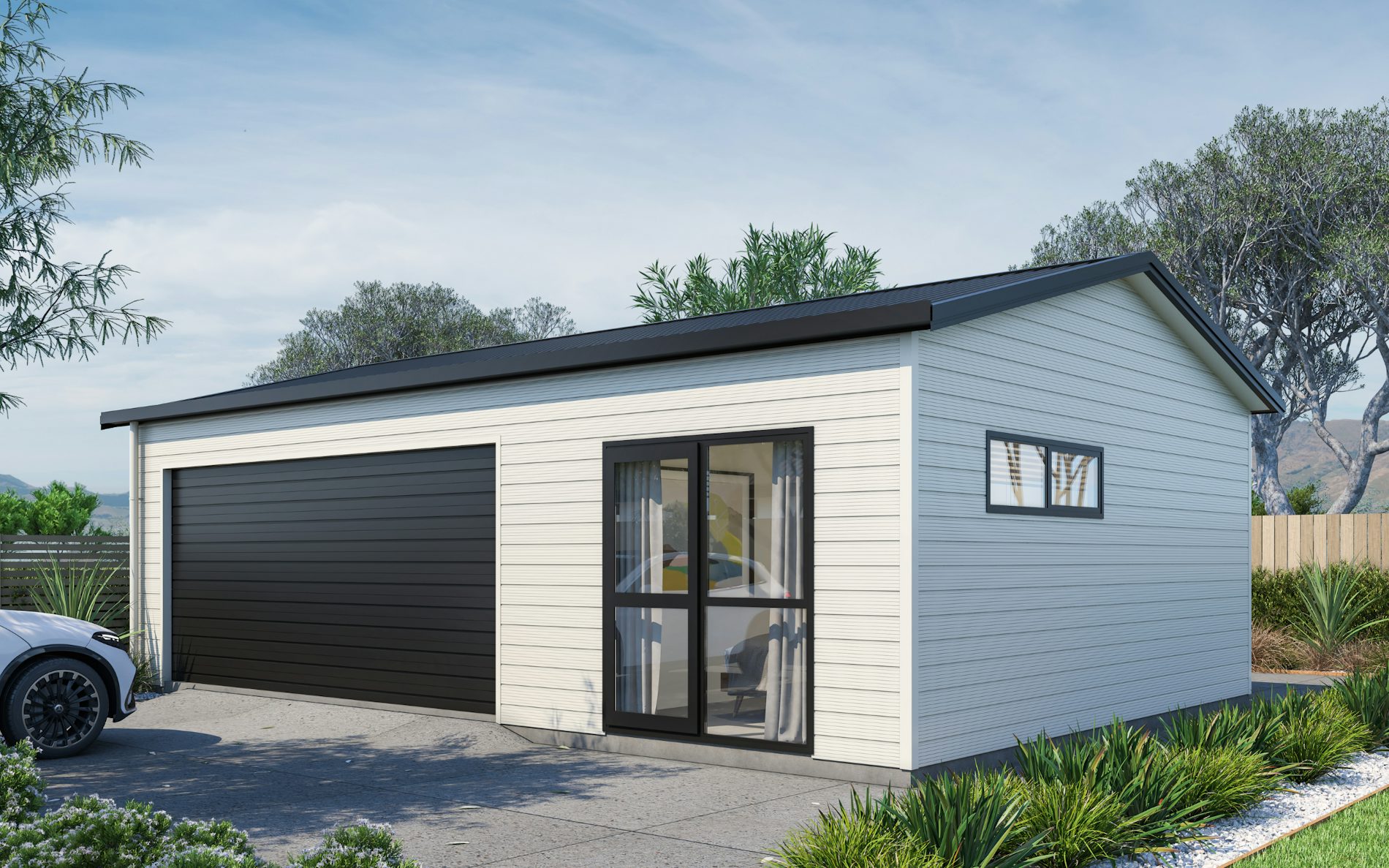 Pictured with Superclad™ cladding in COLORSTEEL® Titania and Ebony roof, doors and trims. Image is illustrative only.
