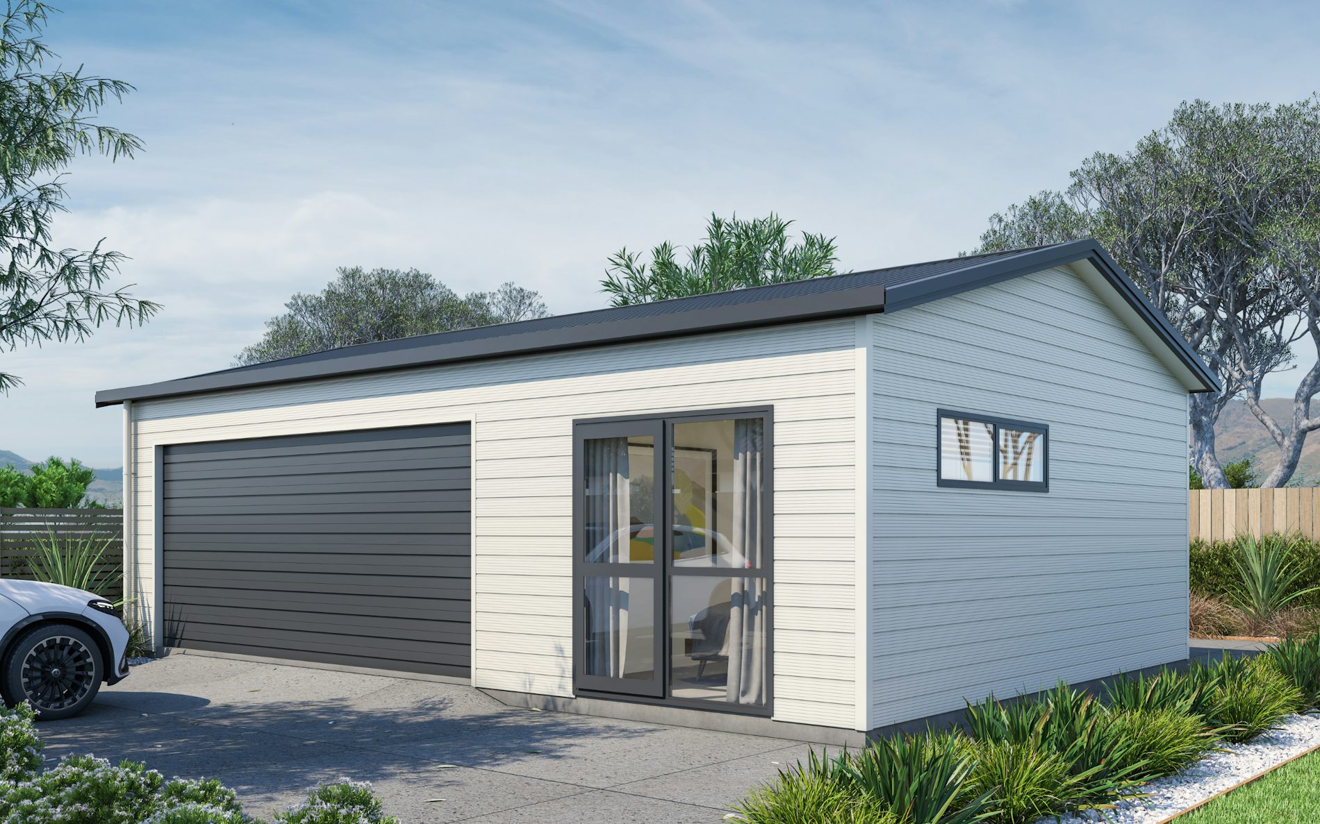 Pictured with Superclad™ cladding in COLORSTEEL® Titania and Grey Friars roof, doors and trims. Image is illustrative only.