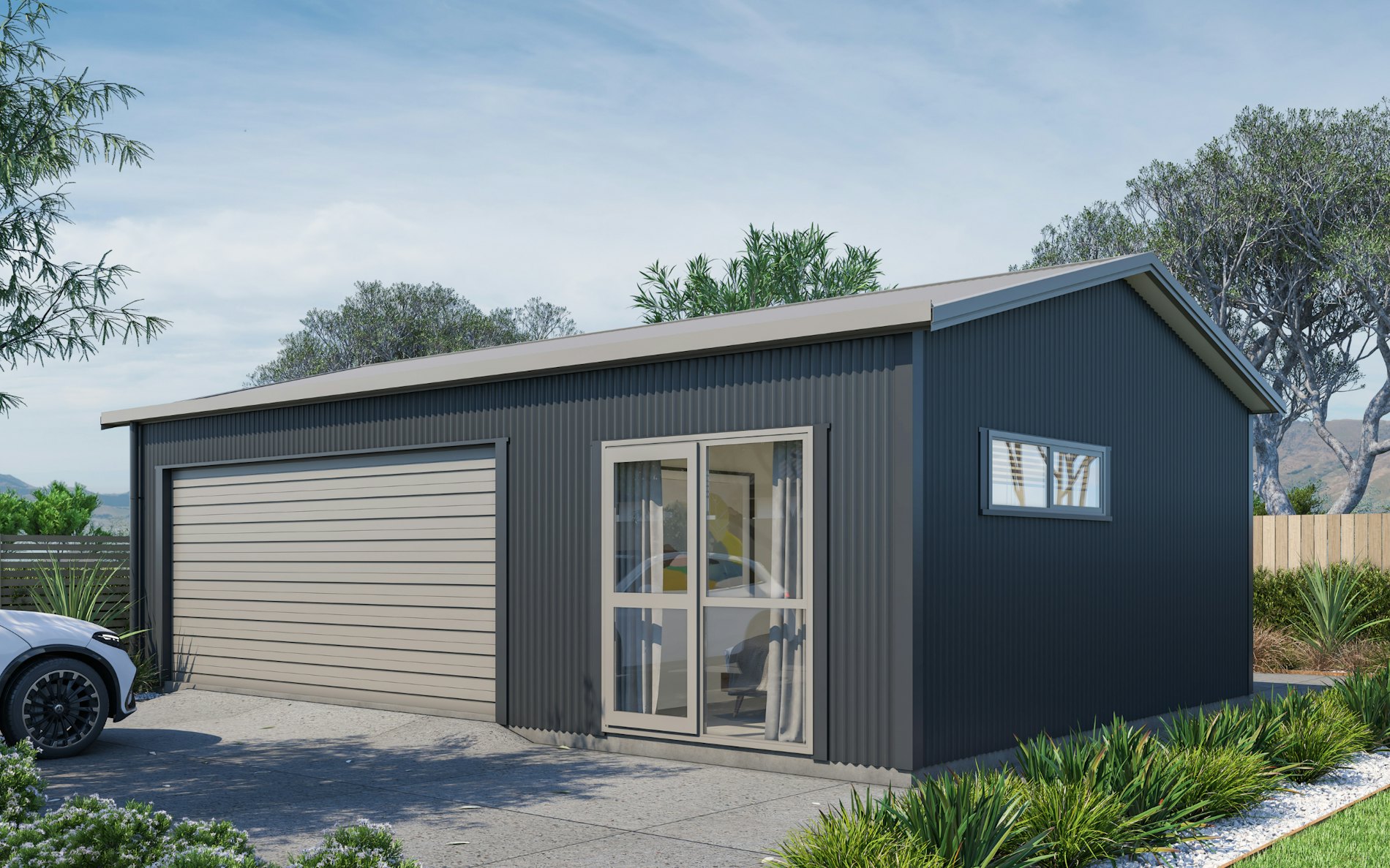 Pictured with vertical Corrugate cladding in COLORSTEEL® Grey Friars and Sandstone Grey roof, doors and trims. Image is illustrative only.