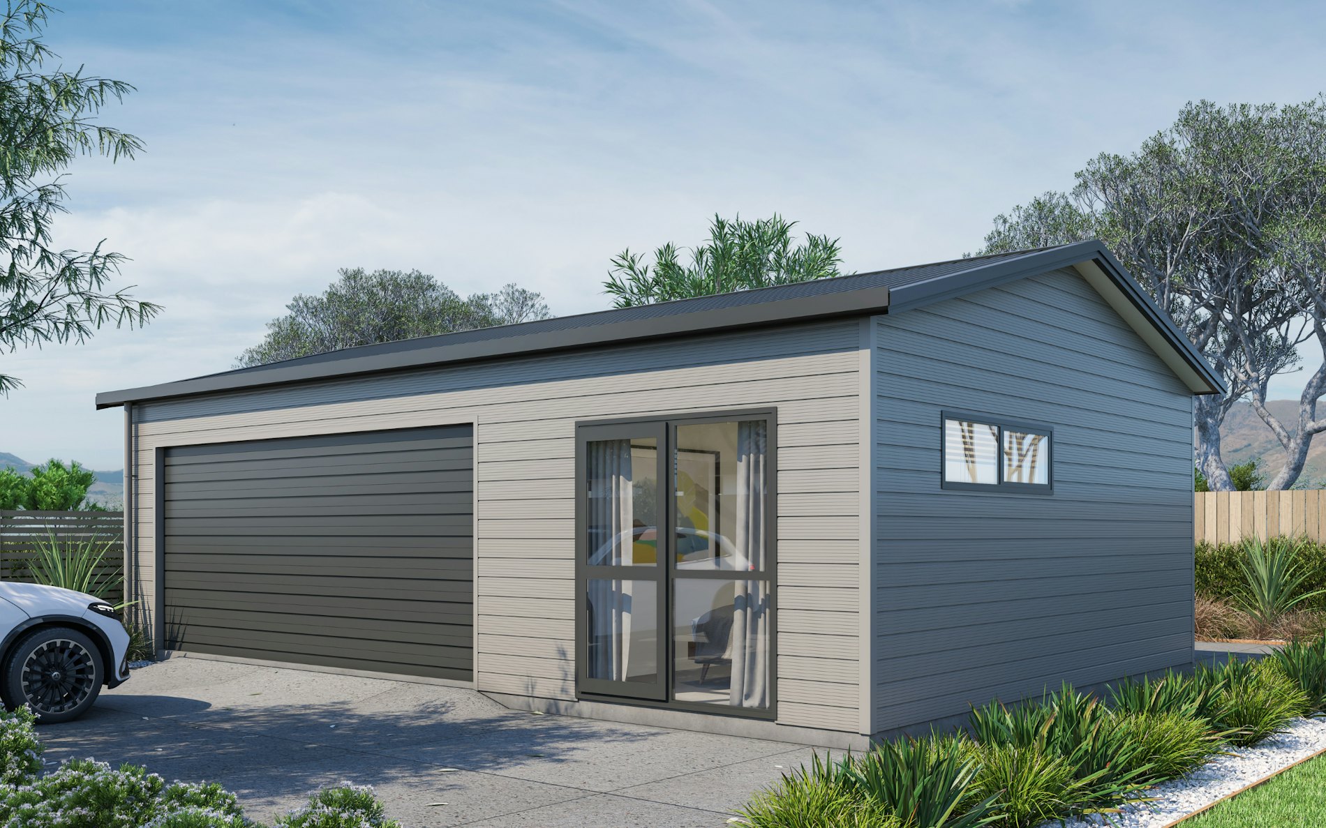 Pictured with Superclad™ cladding in COLORSTEEL® Sandstone Grey and FlaxPod®. roof, doors and trims. Image is illustrative only. Image is illustrative only.