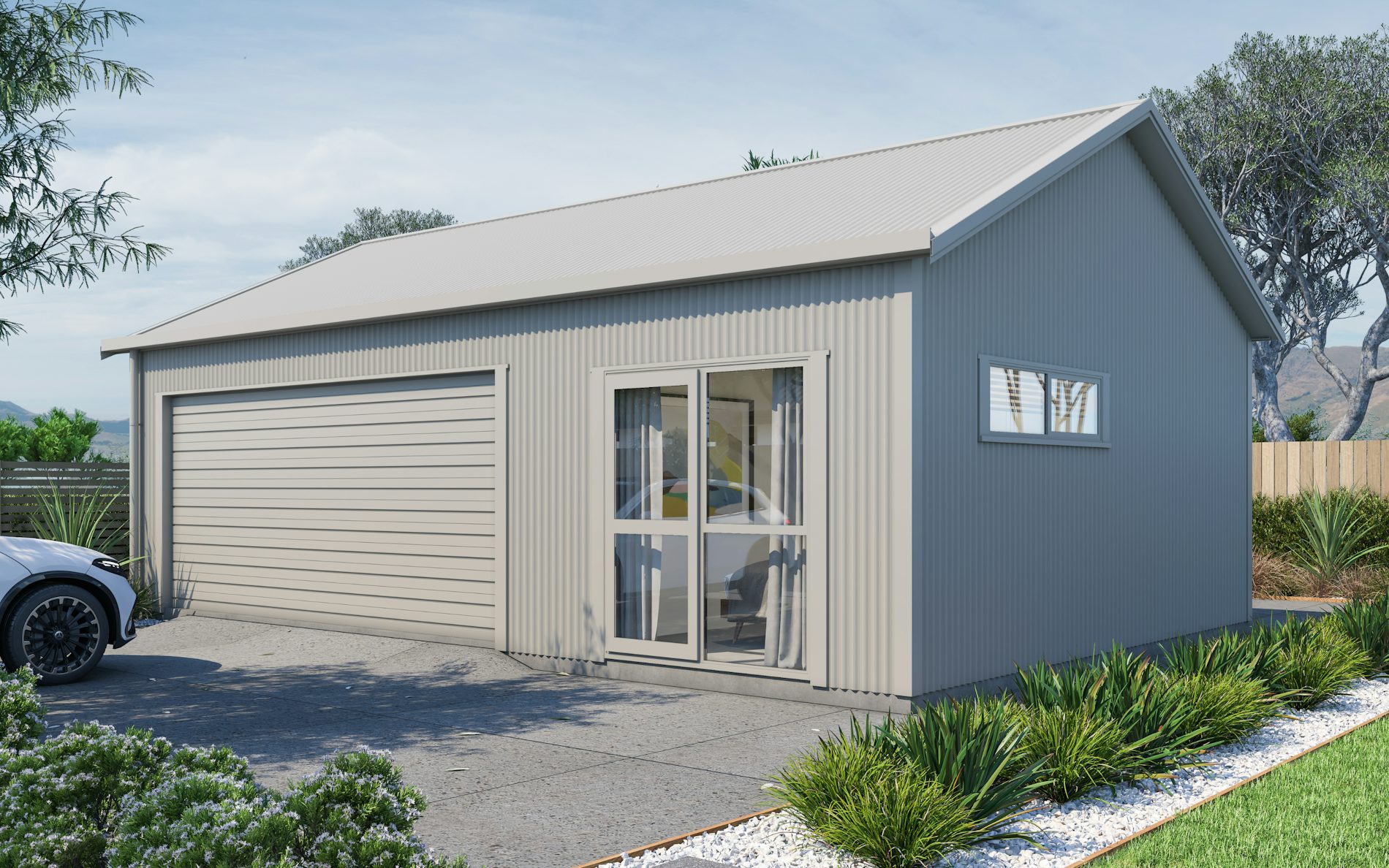 Pictured with vertical Corrugate cladding in COLORSTEEL® Gull Grey, with 25-degree roof pitch. Image is illustrative only.