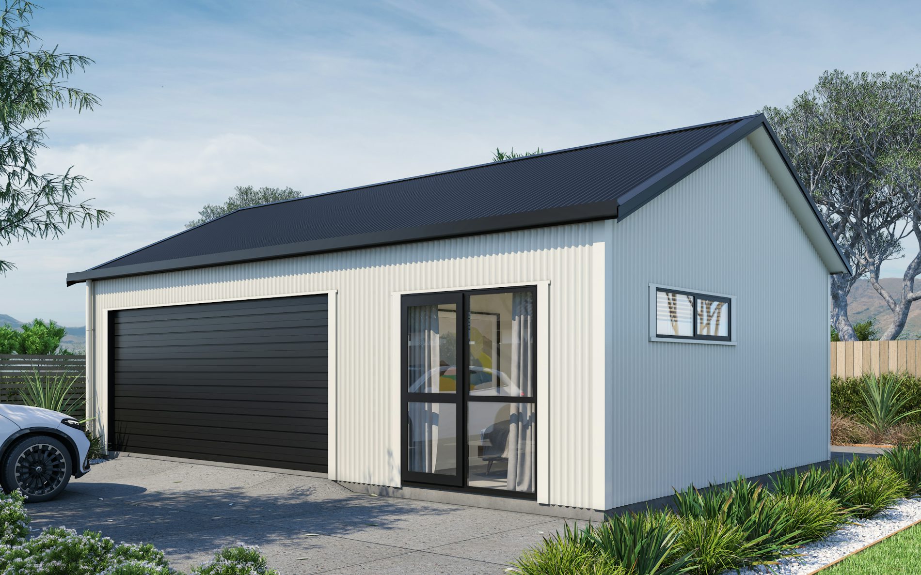 Pictured with vertical Corrugate cladding in COLORSTEEL® Titania and Ebony roof, doors and trims., with 25-degree roof pitch. Image is illustrative only.