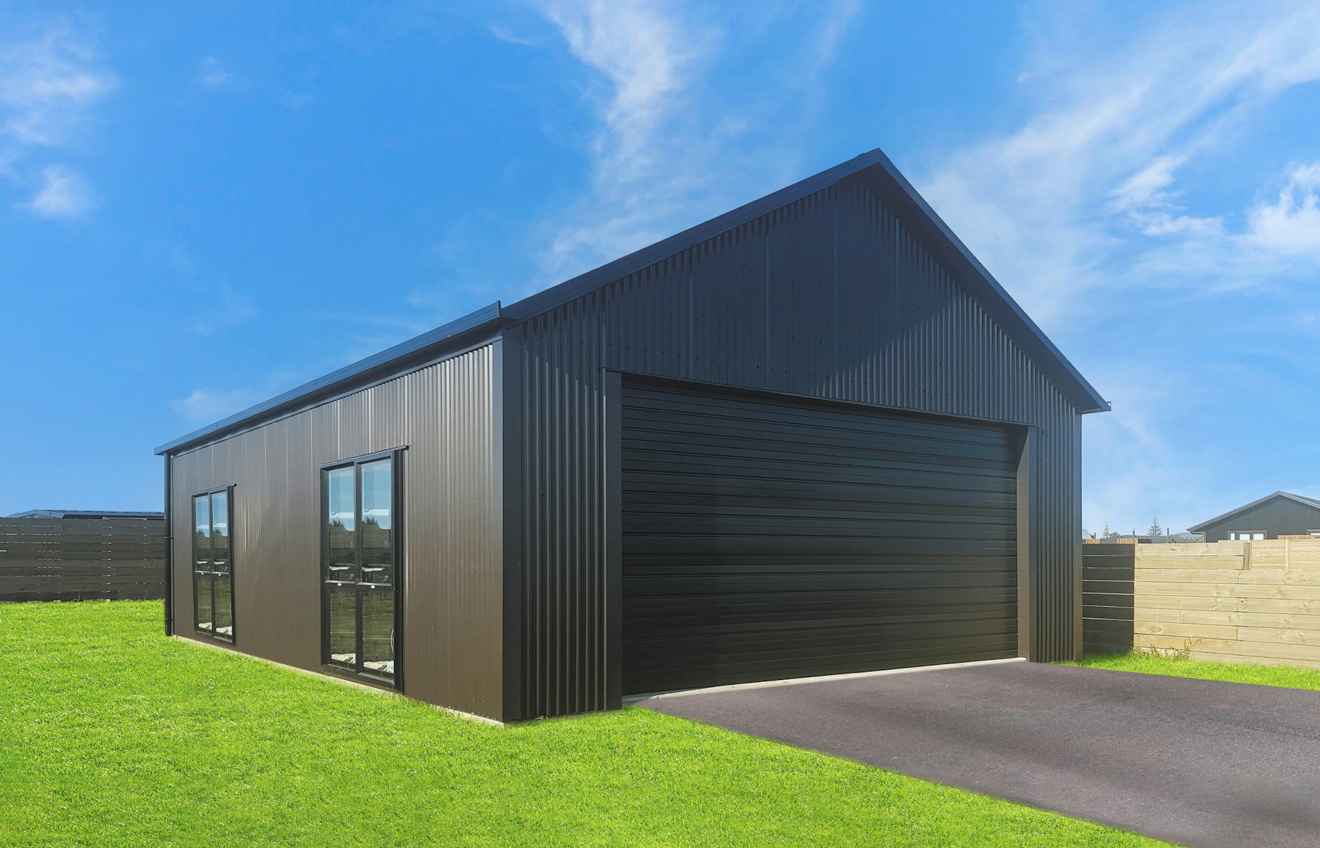 10.2m(l) x 6.6m(w), 2.7m stud, vertical Corrugate cladding in COLORSTEEL® Ebony, 30-degree roof pitch.
