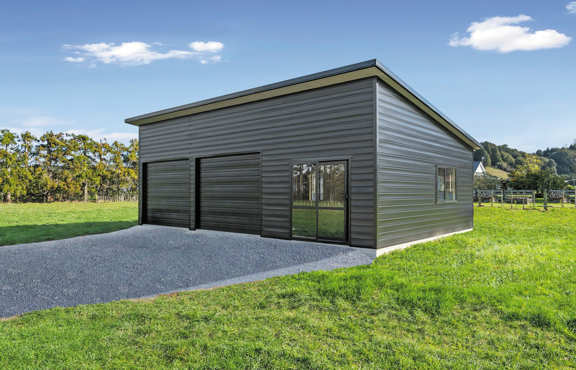 10.2m(l) x 7.2m(w), 2.7m stud, double garage with sleepout, Superclad™ cladding in COLORSTEEL® Ebony, mono-pitch roof.