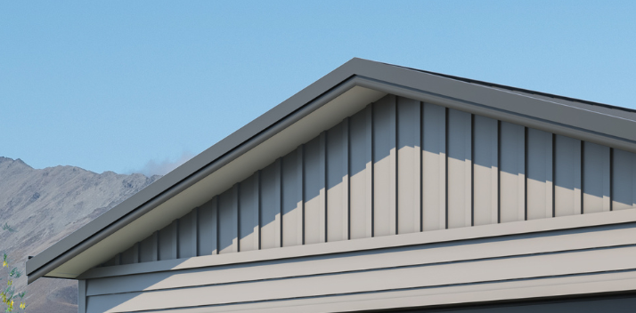 6 rib Colorsteel. 15 degree gable with front soffit