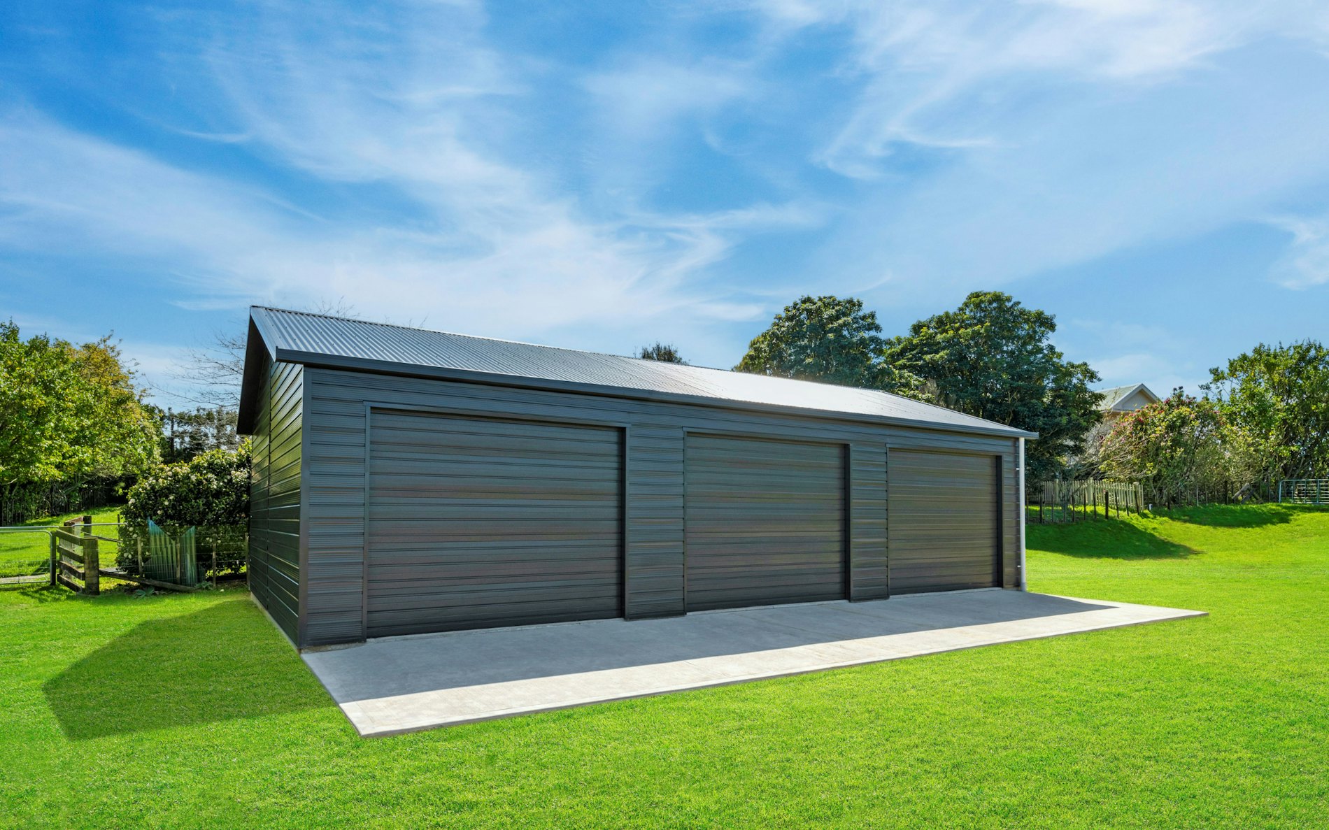 12m x 7.2m triple garage Superclad cladding in IronSand
