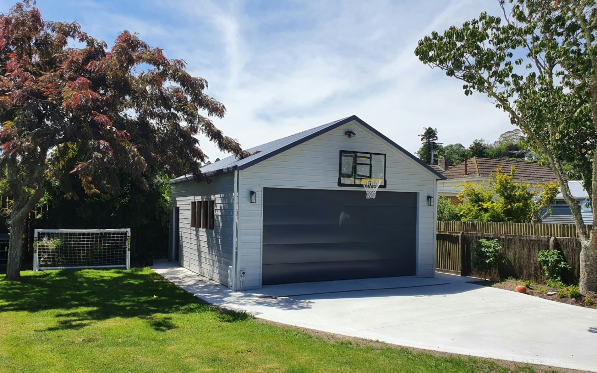 7.2mL x 6mW x 2.7mH double garage, superclad Titania with New Denim Blue Colorsteel