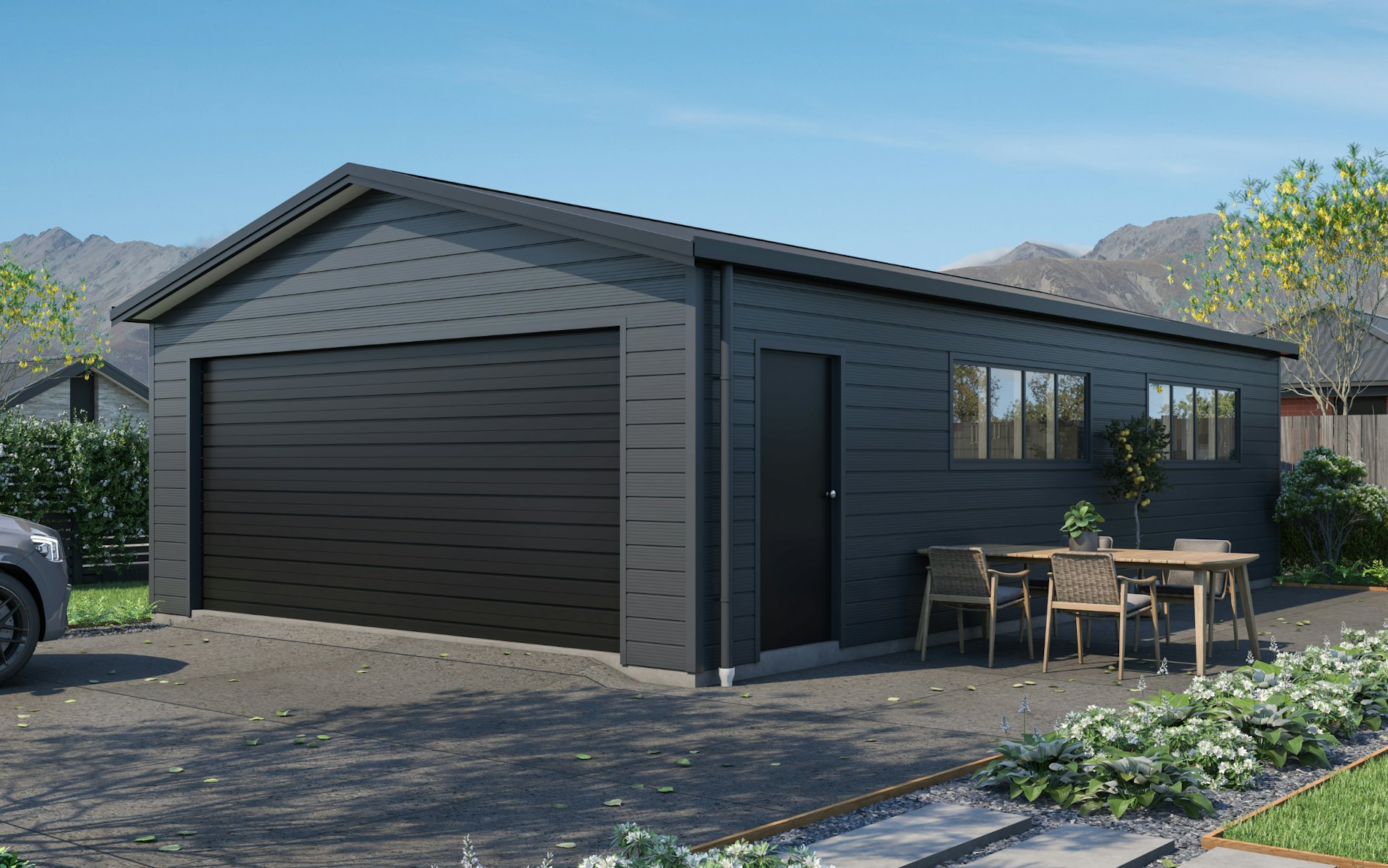 10.2m x 6m, Superclad cladding in COLORSTEEL® Grey Friars and Ebony. *Image is illustrative only.