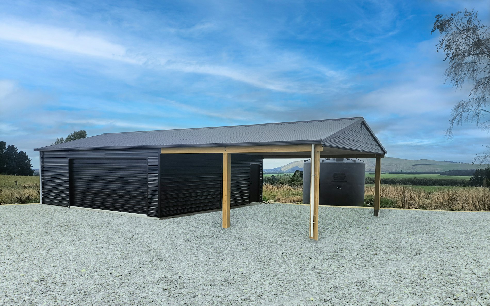 7.8m x 7.2m x 2.4m superclad with 6vm x 7.2m gable end carport and 4.8m sectional door