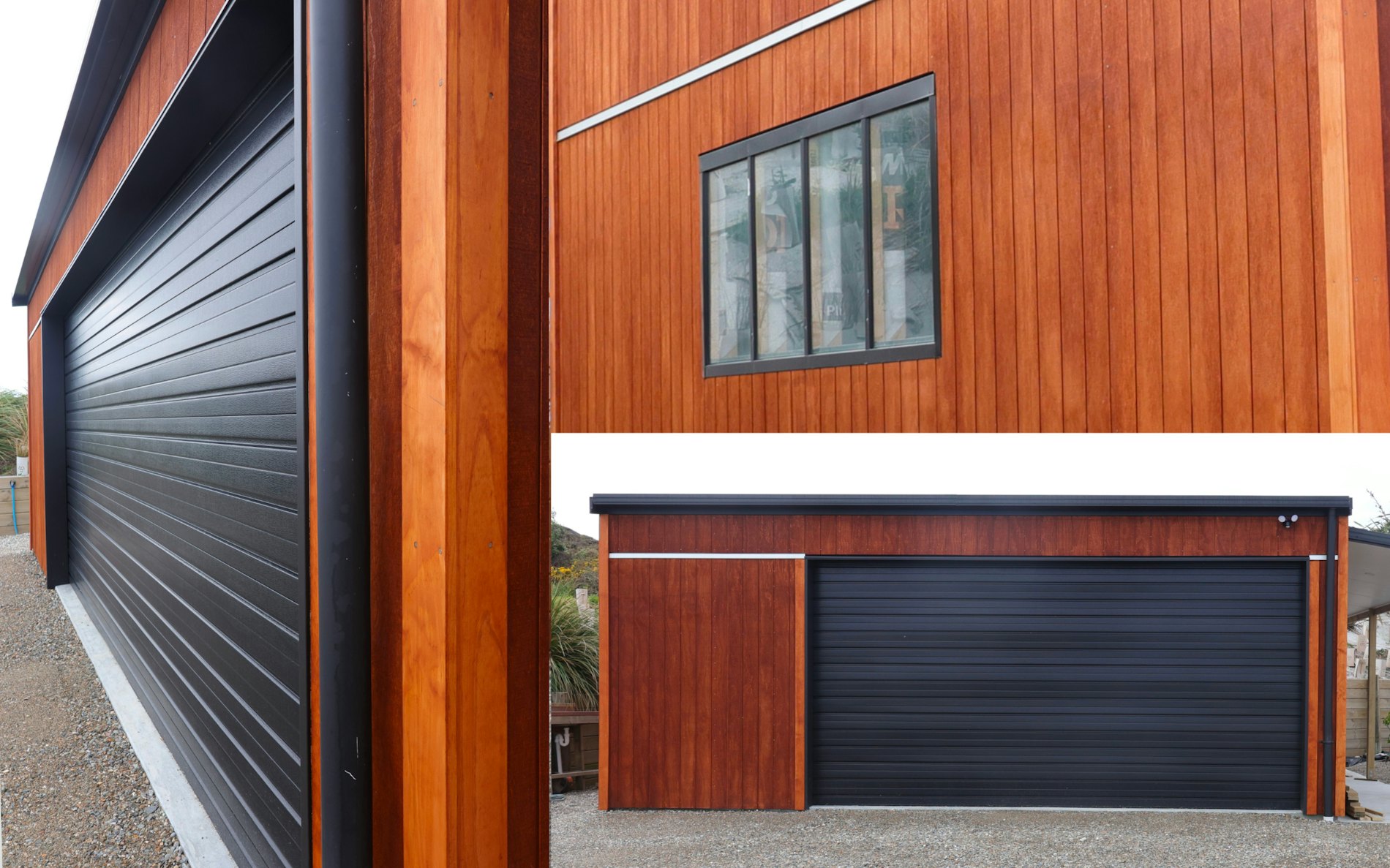 7m x 7.2m custom garage and storage, mono-pitch roof design in conjunction with stained shadowclad cladding