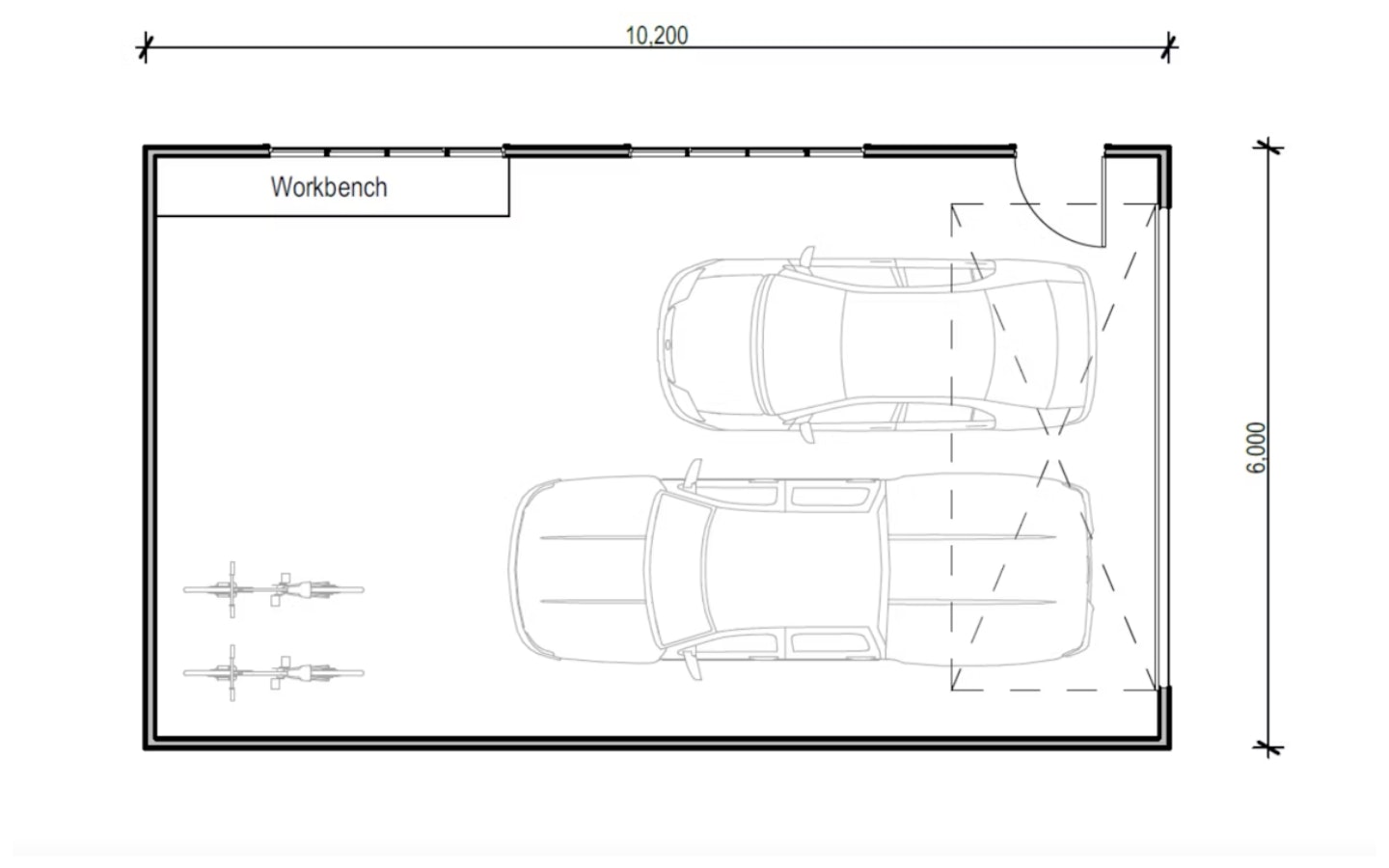 10.2m x 6m large double garage floor plan *Image is illustrative only. Storage or workbenches not included. Nb. Kitset pricing displayed is for shell only, and excludes all internal materials. Please refer to our T&Cs for more details.